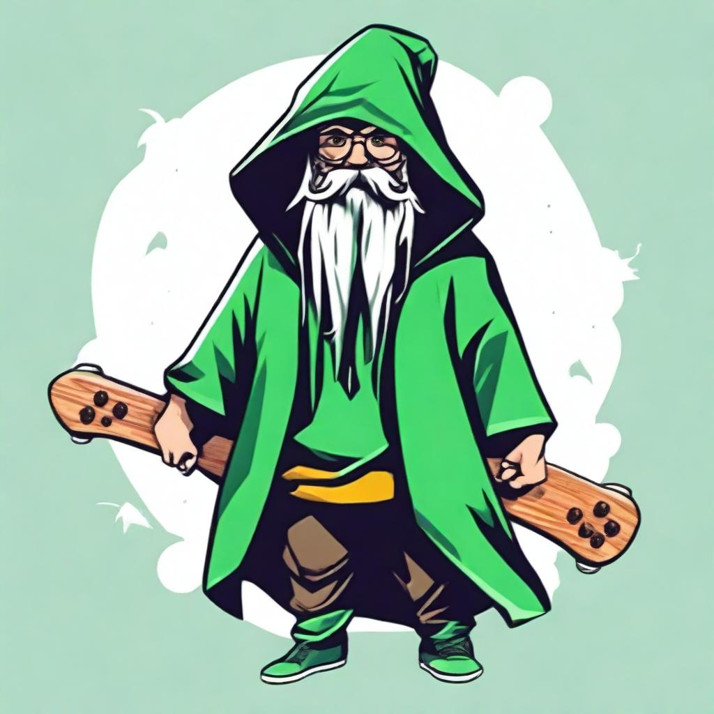 Design a T-shirt featuring a bearded wizard wearing a green hooded poncho, holding a skateboard in one hand