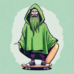 Design a T-shirt featuring a bearded wizard wearing a green hooded poncho, holding a skateboard in one hand