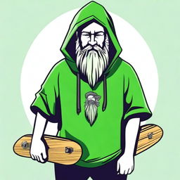 Design a T-shirt featuring a bearded wizard wearing a green hooded poncho, holding a skateboard in one hand