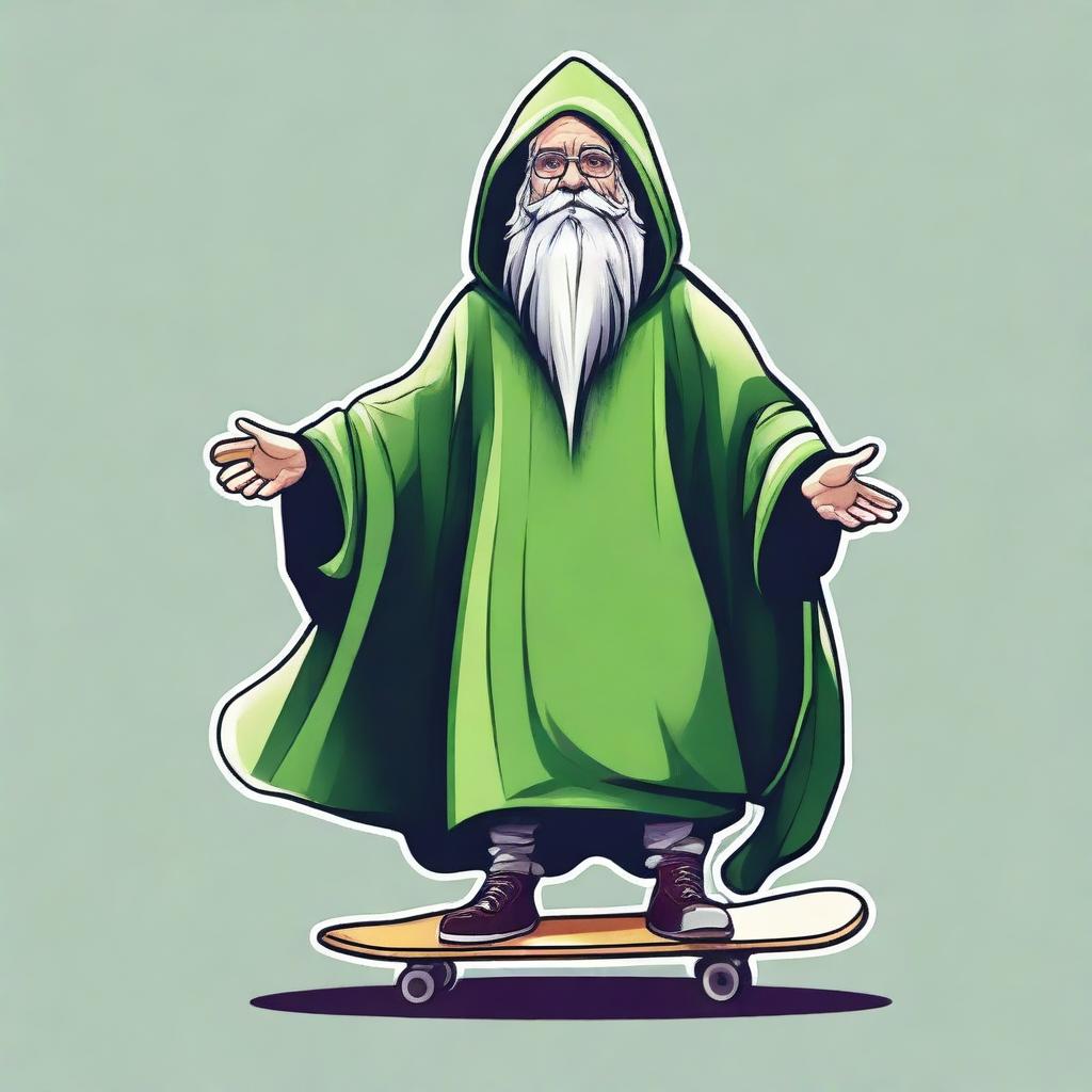 Design an image for a T-shirt featuring a bearded wizard wearing a green hooded poncho, holding a skateboard in one hand