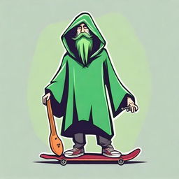 Design an image for a T-shirt featuring a bearded wizard wearing a green hooded poncho, holding a skateboard in one hand