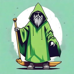 Design an image for a T-shirt featuring a bearded wizard wearing a green hooded poncho, holding a skateboard in one hand