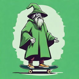 Design an image for a T-shirt featuring a bearded wizard wearing a green hooded poncho, holding a skateboard in one hand