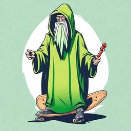 Design a T-shirt featuring a bearded wizard wearing a green hooded poncho and holding a skateboard in one hand and a wizard's staff in the other