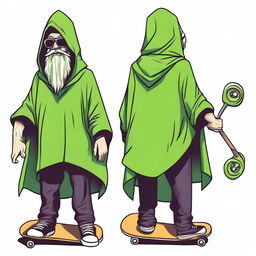 Design a T-shirt featuring a bearded wizard wearing a green hooded poncho and holding a skateboard in one hand and a wizard's staff in the other