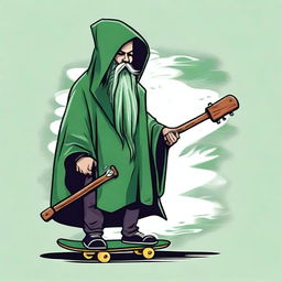 Design a T-shirt featuring a bearded wizard wearing a green hooded poncho and holding a skateboard in one hand and a wizard's staff in the other