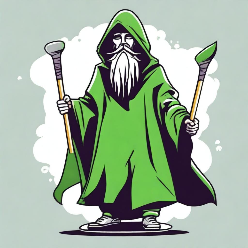 Design a T-shirt featuring a bearded wizard wearing a green hooded poncho and holding a skateboard in one hand and a wizard's staff in the other