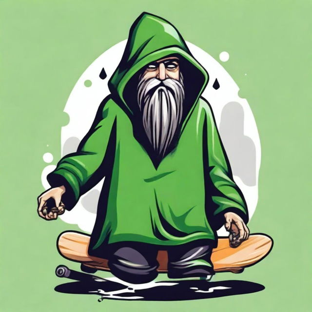 Create a T-shirt design featuring a bearded wizard wearing a green hooded poncho, lifting a skateboard