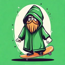 Create a T-shirt design featuring a bearded wizard wearing a green hooded poncho, lifting a skateboard