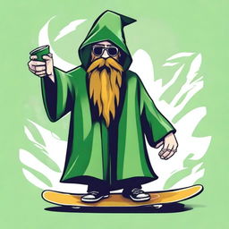 Create a T-shirt design featuring a bearded wizard wearing a green hooded poncho, lifting a skateboard