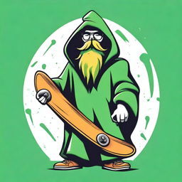 Create a T-shirt design featuring a bearded wizard wearing a green hooded poncho, lifting a skateboard