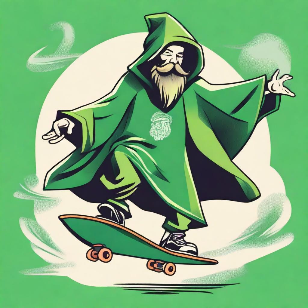 Design a T-shirt image of a bearded wizard wearing a green hooded poncho skateboarding