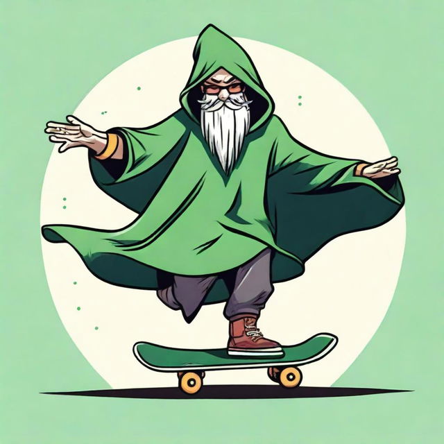 Design a T-shirt image of a bearded wizard wearing a green hooded poncho skateboarding