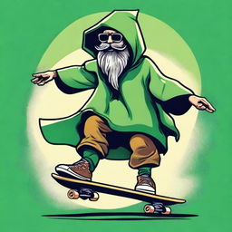 Design a T-shirt image of a bearded wizard wearing a green hooded poncho skateboarding