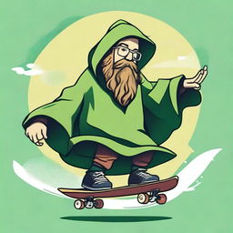 Design a T-shirt image of a bearded wizard wearing a green hooded poncho skateboarding