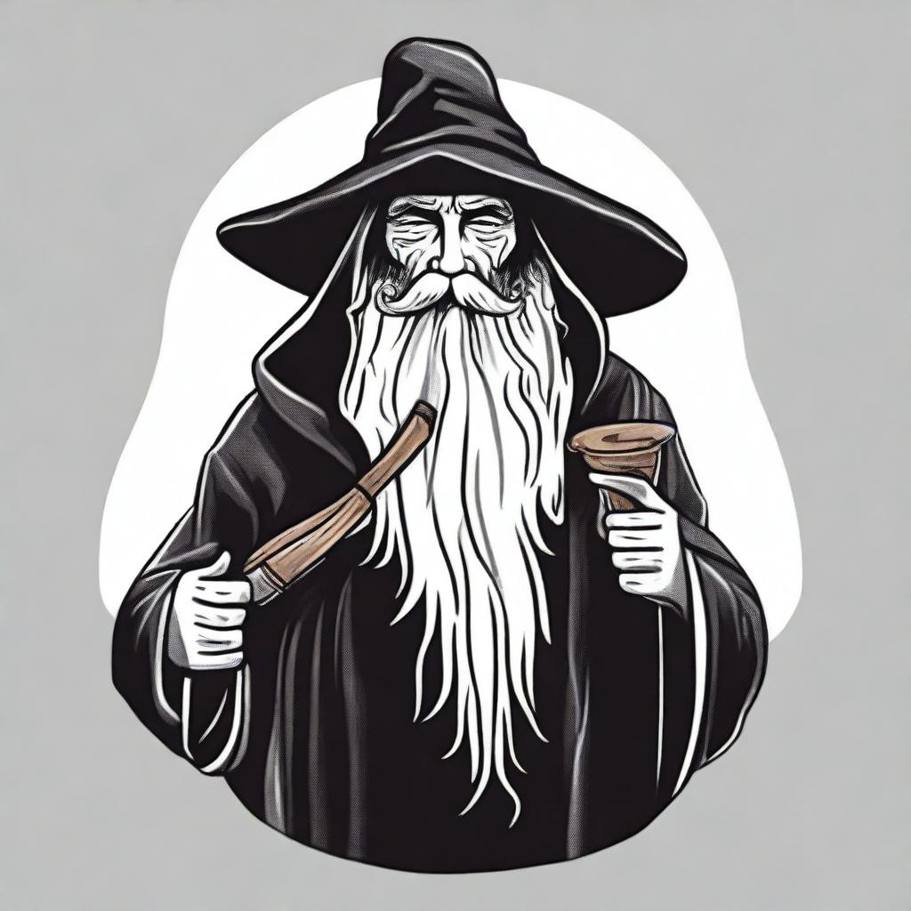 Design a black and white T-shirt image featuring a bearded wizard wearing a hooded poncho, holding a tobacco pipe