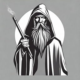 Design a black and white T-shirt image featuring a bearded wizard wearing a hooded poncho, holding a tobacco pipe