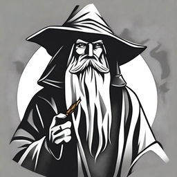 Design a black and white T-shirt image featuring a bearded wizard wearing a hooded poncho, holding a tobacco pipe