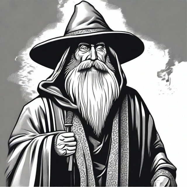 Design a black and white T-shirt image featuring a bearded wizard wearing a hooded poncho, holding a tobacco pipe