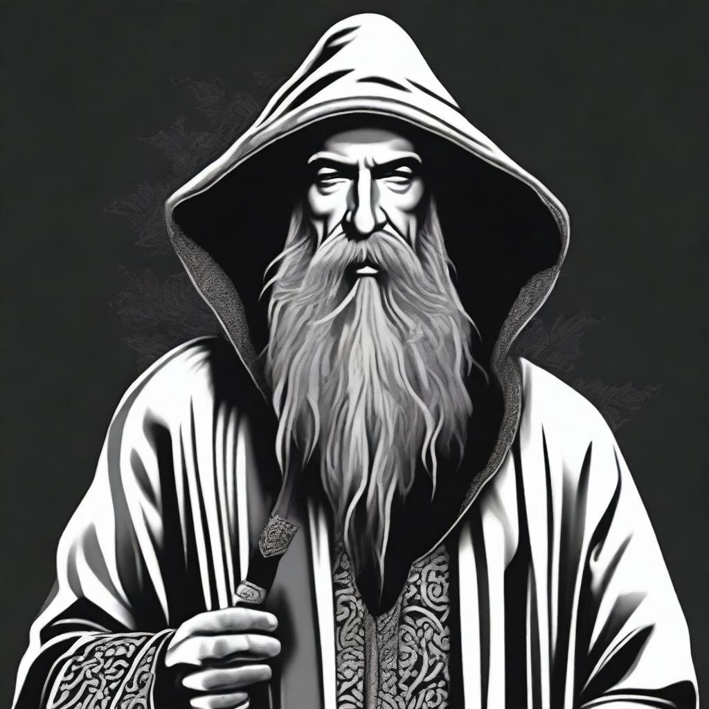 Design a black and white T-shirt image featuring a bearded wizard wearing a hooded poncho and holding a tobacco pipe