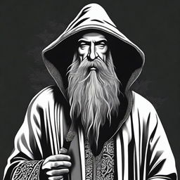 Design a black and white T-shirt image featuring a bearded wizard wearing a hooded poncho and holding a tobacco pipe