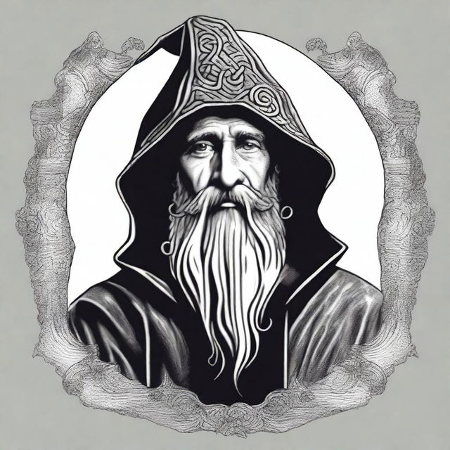 Design a black and white T-shirt image featuring a bearded wizard wearing a hooded poncho and holding a tobacco pipe