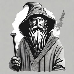 Design a black and white T-shirt image featuring a bearded wizard wearing a hooded poncho and holding a tobacco pipe