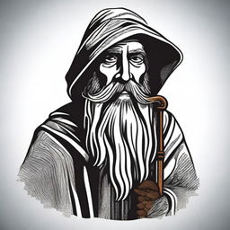 Design a black and white T-shirt image featuring a bearded wizard wearing a hooded poncho and holding a tobacco pipe