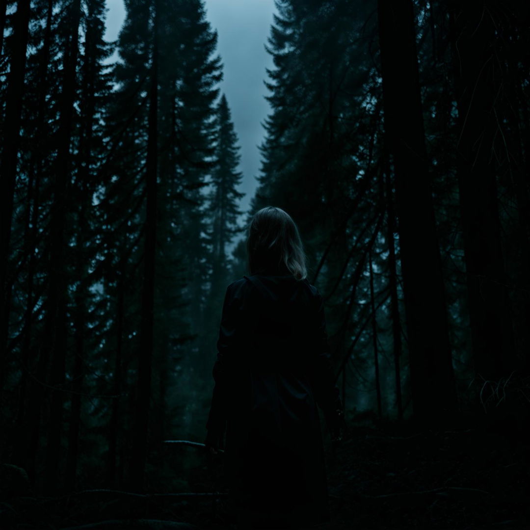 A dark and moody image of a young, stylish influencer woman in the Pacific Northwest