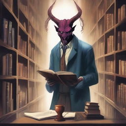 Depict a mystical library of souls, run by an enigmatic figure who might be a demon