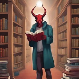 Depict a mystical library of souls, run by an enigmatic figure who might be a demon