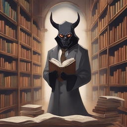 Depict a mystical library of souls, run by an enigmatic figure who might be a demon