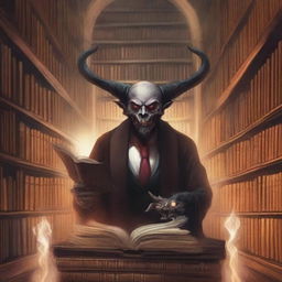 Depict a mystical library of souls, run by an enigmatic figure who might be a demon