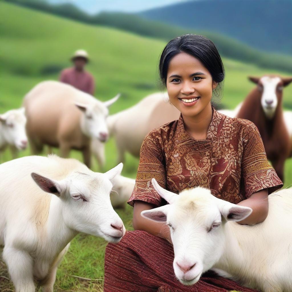 Generate a super HD quality, realistic image of a beautiful Indonesian woman working as a sales promotion girl, selling large goats in a rural Indonesian setting