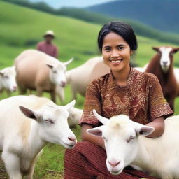 Generate a super HD quality, realistic image of a beautiful Indonesian woman working as a sales promotion girl, selling large goats in a rural Indonesian setting