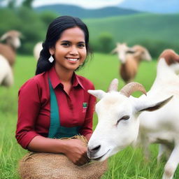 Generate a super HD quality, realistic image of a beautiful Indonesian woman working as a sales promotion girl, selling large goats in a rural Indonesian setting