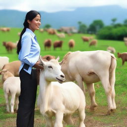 Generate a super HD quality, realistic image of a beautiful Indonesian woman working as a sales promotion girl, selling large goats in a rural Indonesian setting