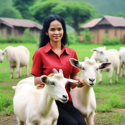 Generate a super HD quality, realistic image of a beautiful Indonesian woman working as a sales promotion girl, selling large goats in a rural Indonesian setting