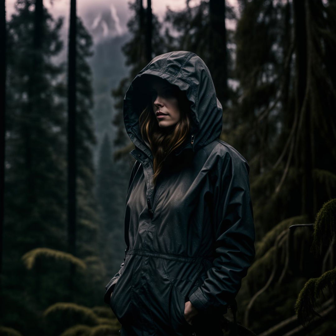 A moody and suspenseful image of a pretty influencer woman in the Pacific Northwest, with her identity obscured due to her being in witness protection