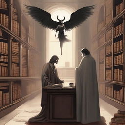 An image of a grand library, known as the Library of Souls, run by a half demon, half angel entity