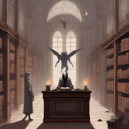 An image of a grand library, known as the Library of Souls, run by a half demon, half angel entity