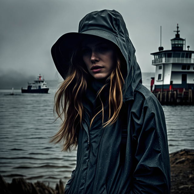 A suspenseful and moody image of a pretty influencer woman in Puget Sound