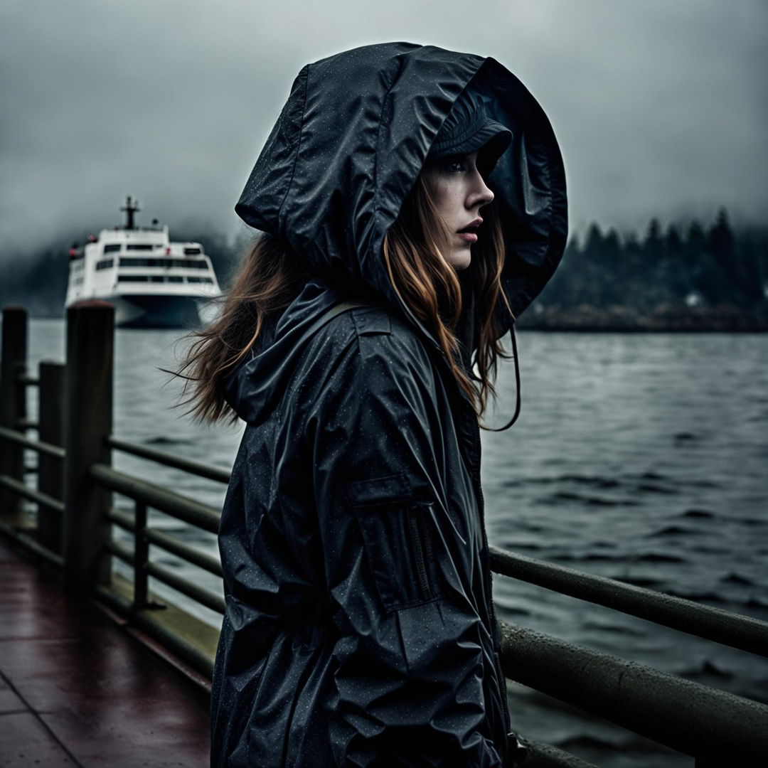 A suspenseful image of a pretty influencer woman in Puget Sound