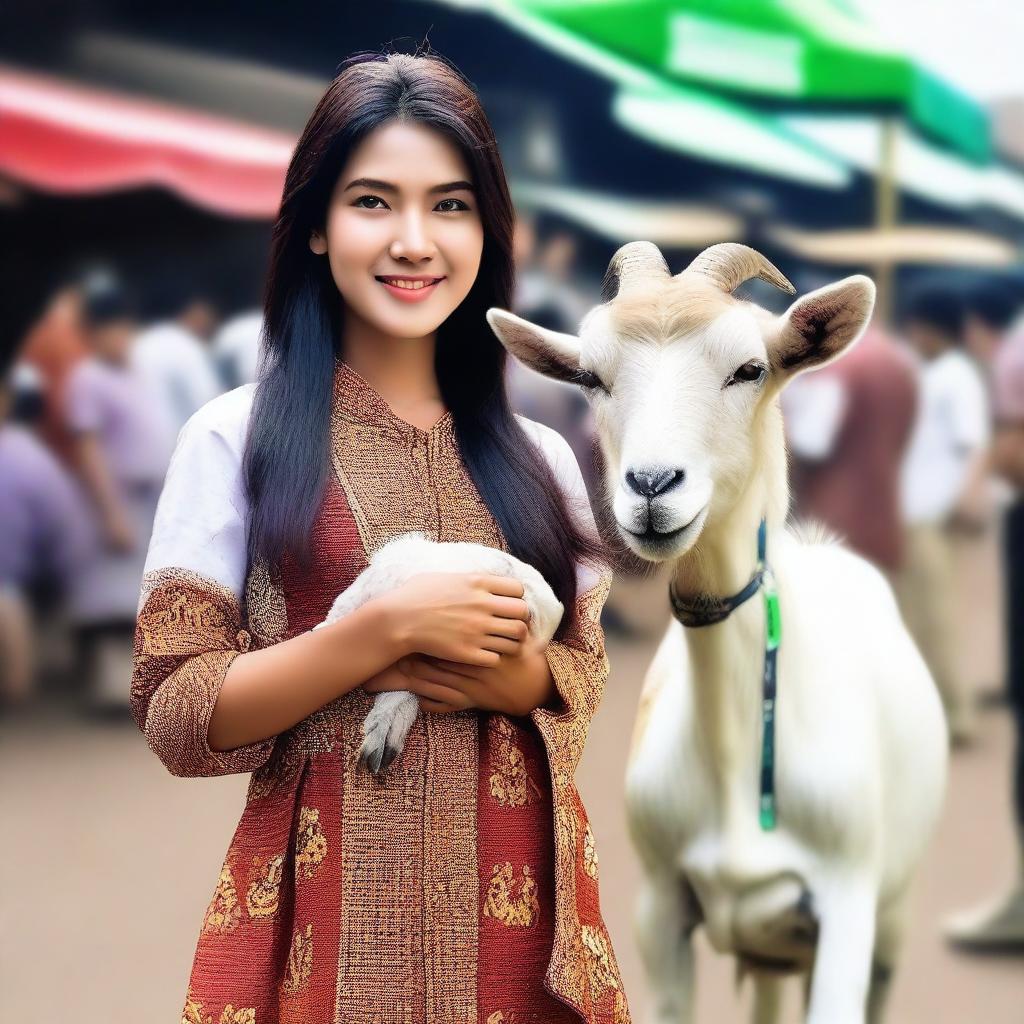 Generate a super HD quality, realistic image of a young, very beautiful, very sexy sales promotion girl (SPG) selling large goats in a traditional Indonesian market