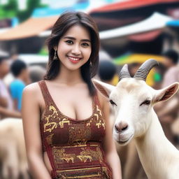 Generate a super HD quality, realistic image of a young, very beautiful, very sexy sales promotion girl (SPG) selling large goats in a traditional Indonesian market