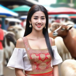 Generate a super HD quality, realistic image of a young, very beautiful, very sexy sales promotion girl (SPG) selling large goats in a traditional Indonesian market