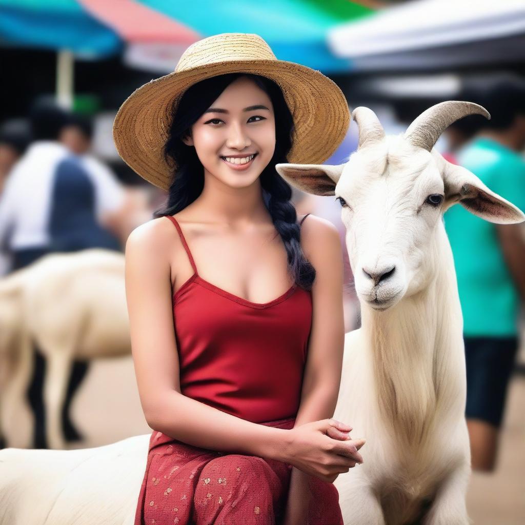 Generate a super HD quality, realistic image of a young, very beautiful, very sexy sales promotion girl (SPG) selling large goats in a traditional Indonesian market