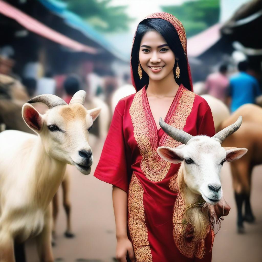 Enhance the previous image by making the sales promotion girl even more beautiful and more sexy while she is selling large goats in a traditional Indonesian market