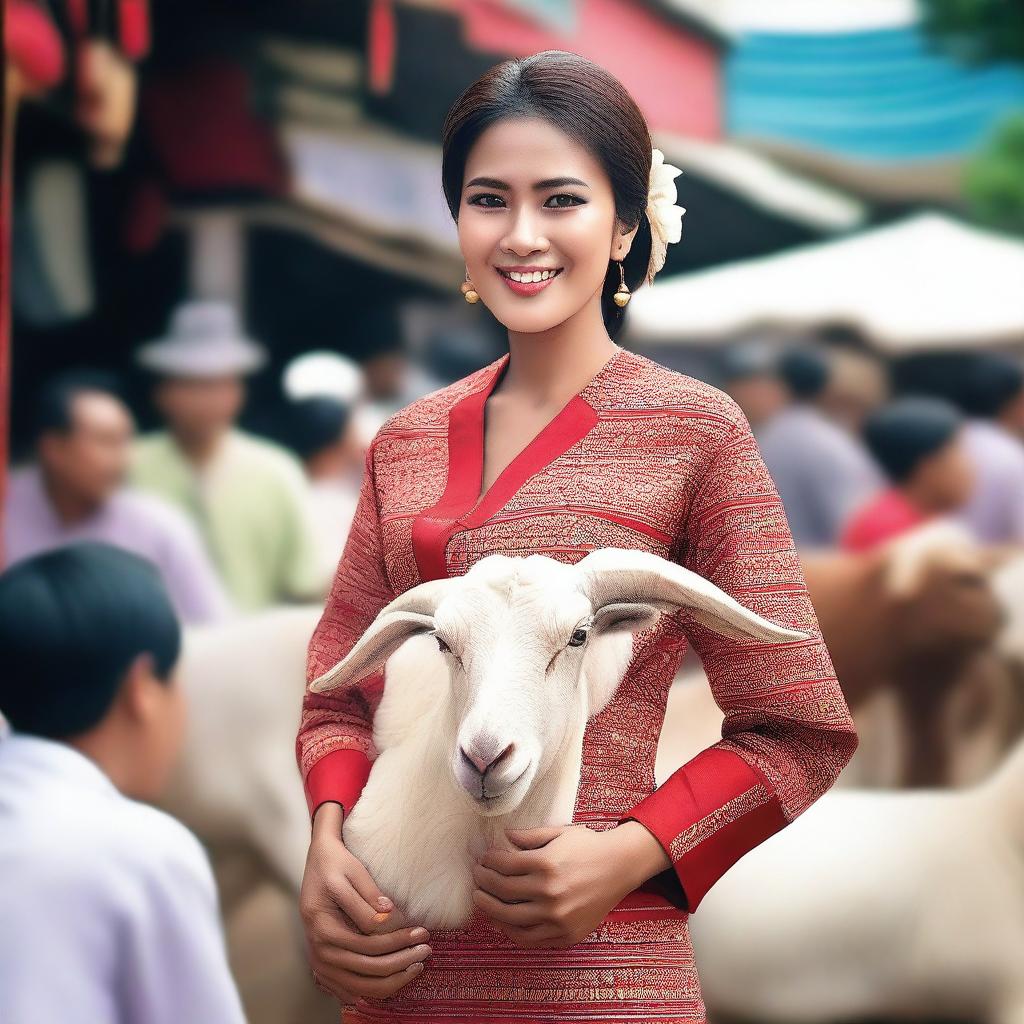 Enhance the previous image by making the sales promotion girl even more beautiful and more sexy while she is selling large goats in a traditional Indonesian market