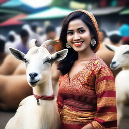 Enhance the previous image by making the sales promotion girl even more beautiful and more sexy while she is selling large goats in a traditional Indonesian market